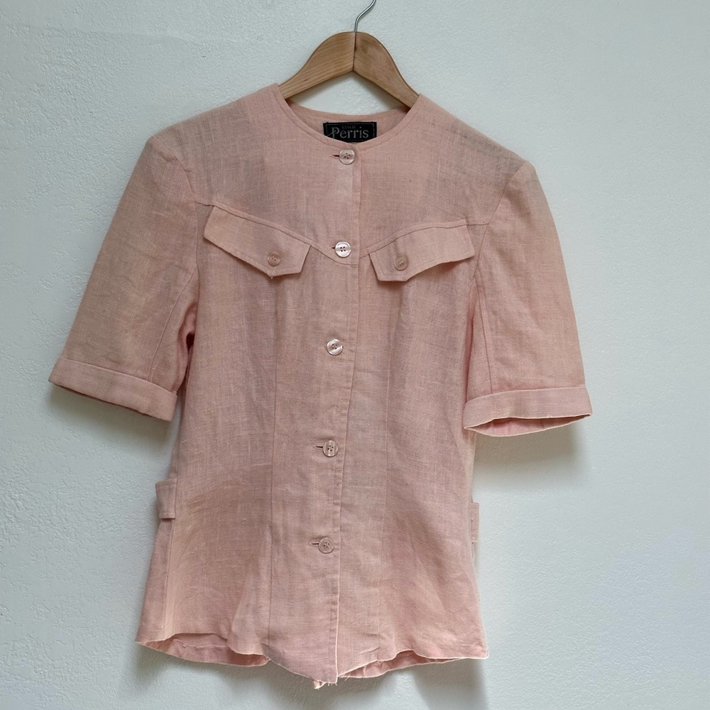 Vintage Leslie Perris 100% Linen Pink Tailored Button Down Shirt for Women